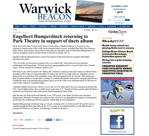 Engelbert Humperdinck Featured on Warwick Beacon